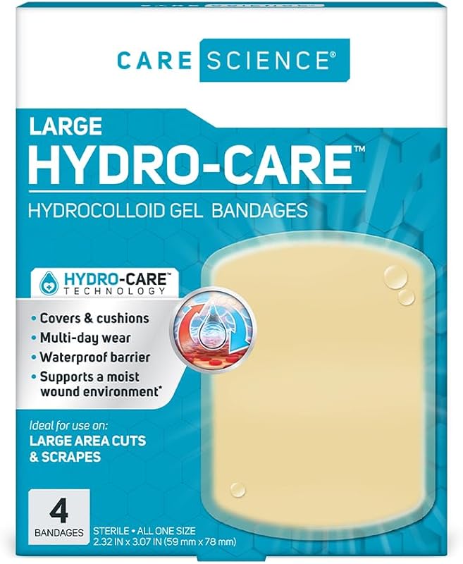 Care Science Hidrocoloide grande, 2,3 x 3 pulgadas, 4 unidades | Para uso en cortes, raspaduras y ampollas menores. Fundas y cojines impermeables, soporta un ambiente húmedo para heridas.