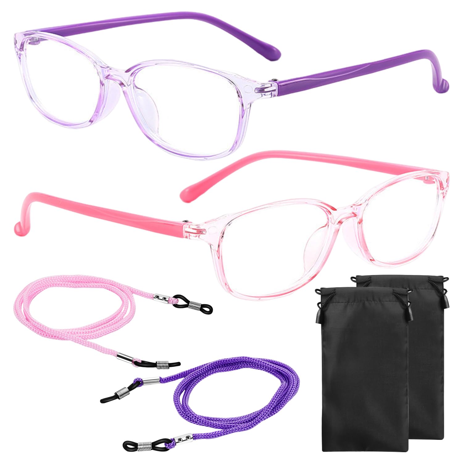 2 Paar Anti-Blau-Brillen Für Kinder, Einschließlich Anti-Fall-Brillen-Lanyard, 2 Aufbewahrungsbeutel Für Schwarze Brillen, Strahlenschutz, Linderung Der Ermüdung Der Brille.