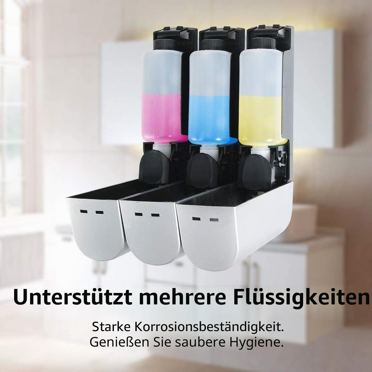 Seifenspender Wandbefestigung ohne Bohren, 350ml Shampoo Duschgel Spender für Badezimmer, 3 Kammer Nachfüllbar Duschseifenspender für Bad Hotel (Silber)