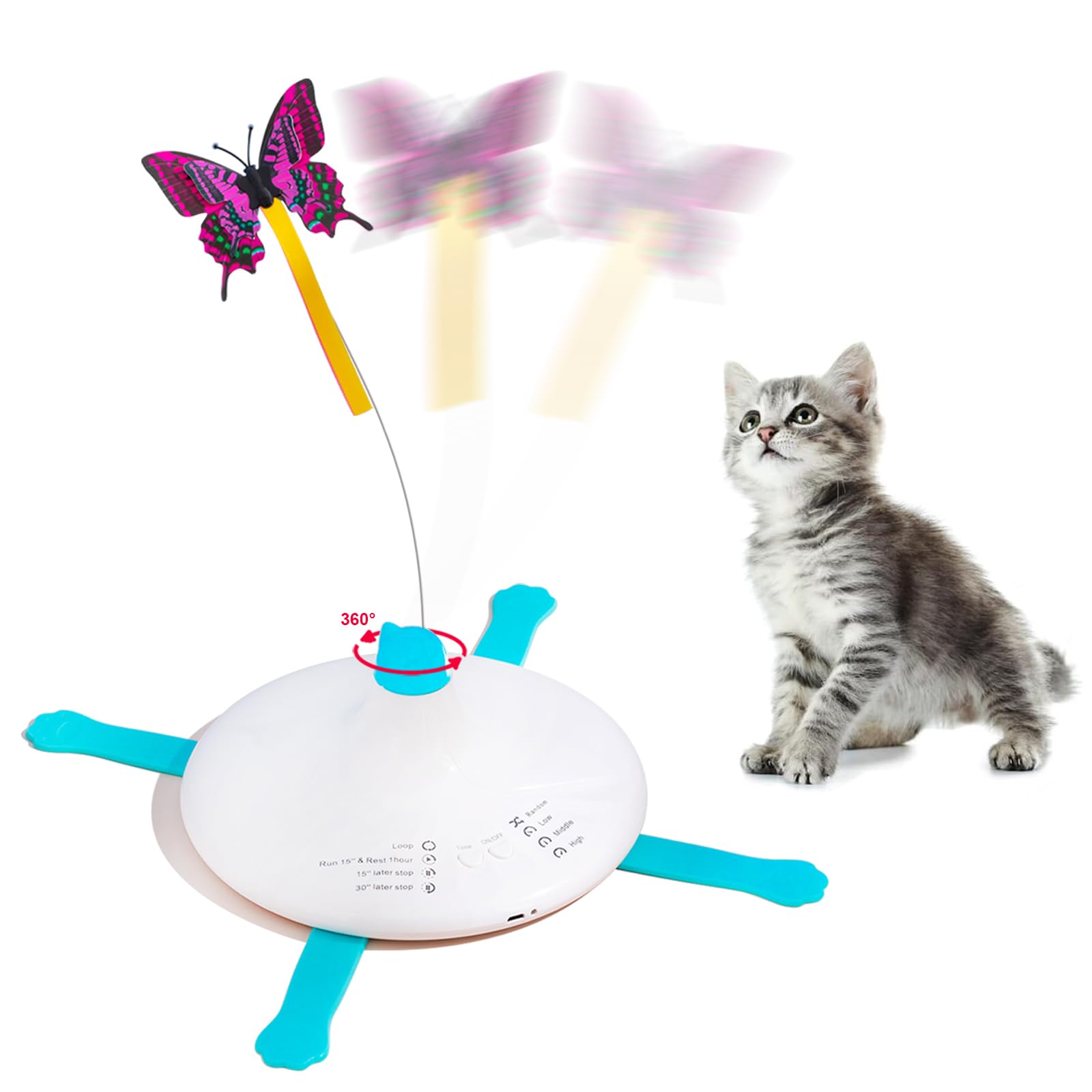 Flyjobs Interactive Cat Toy Automatic Rotating Butterfly Christmas, USB Rechargeable Electronic Toy Teaser for Indoor Cats, Electric Fluttering Butterfly 360° Rotating Stimulating Kitty Toys