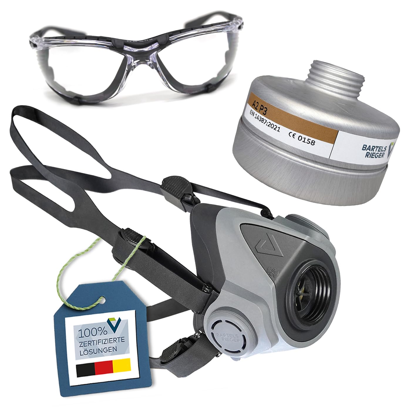 Atemschutz-Set Silikon Halbmaske BariMask HF, Schraubfilter, Schutzbrille | Silikon Atemschutzmaske BarMask HF – wiederverwendbar & komfortabel. Set inklusive Atemschutzfilter BRA2P3 & Schutzbrille