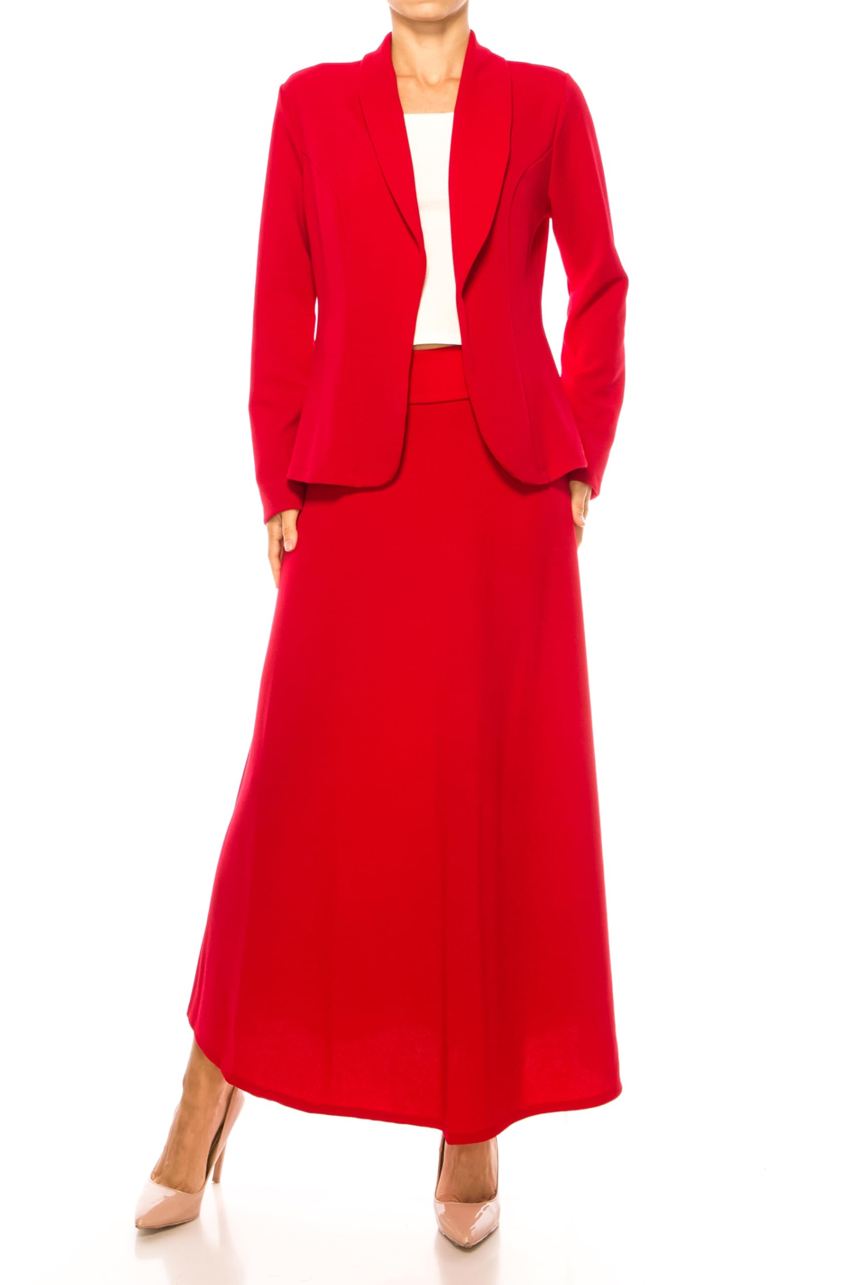 2-Piece Solid Set Open Front Blazer and Matching Long Skirt Red 3XL