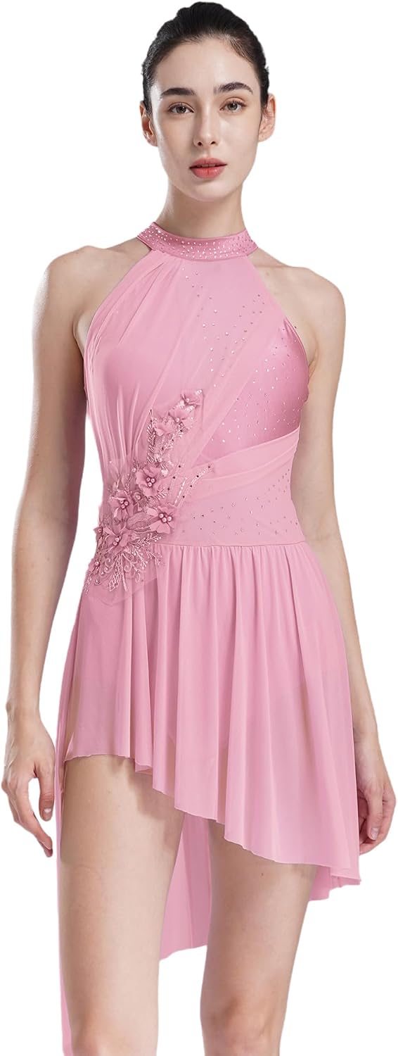 FEESHOW Women's Lyrical Dance Costume Asymmetrical Flowy Skirted Leotard Figure Ice Skating Dance Costume