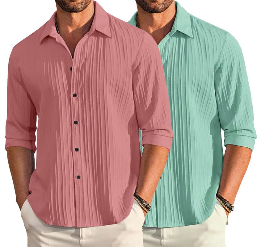 Image of DEELMO Combo of Men's Casual Button Down Shirts Long Sleeve Linen Shirt Fashion Textured Summer Shirts Pack of 2
