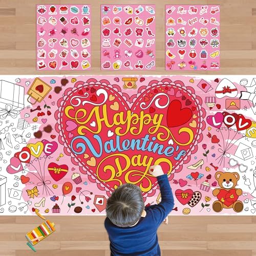 OHOME 91 PCS Valentine's Stickers with Giant Coloring Poster - Valentines Day Crafts for Kids - Valentines Day Decorations - Valentine's Treats Favors - Valentine Day Gifts for Kids Classroom