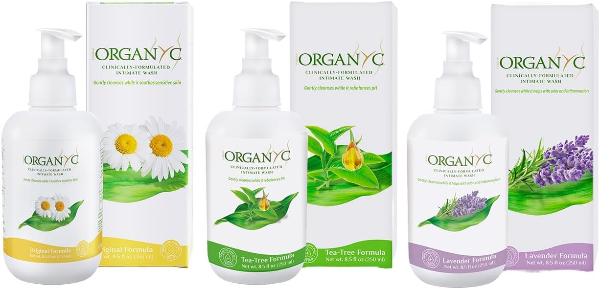 Organyc - Feminine Intimate Wash for Sensitive Skin - Free from Chlorine, Parabens, SLSSLES, and Synthetic Perfumes - 8.5 Fl Oz with Chamomile +Tea-Tree + Lavender