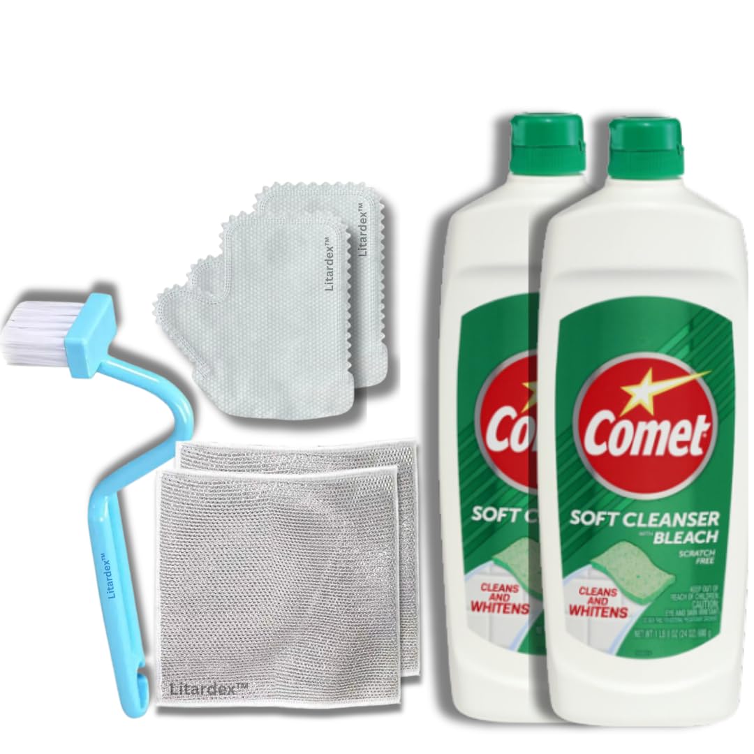 Comet Soft Cleanser Cream, 24 oz (2-Pack) Bundle Cleaning Gloves, Brush, and Multipurpose Wire Miracle Cleaning Cloths (4 Items)