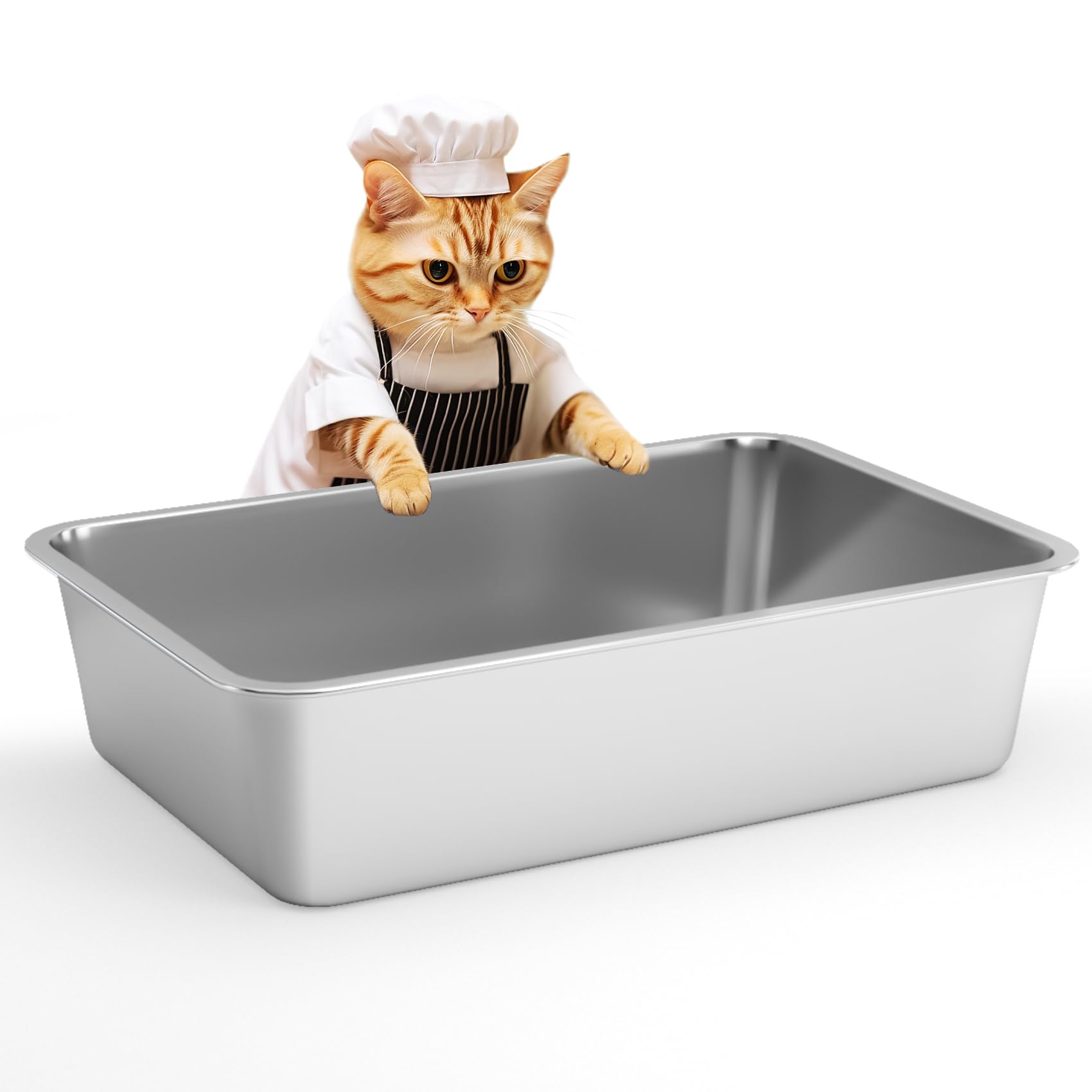 IKITCHEN Stainless Steel Cat Litter Box, Small Metal Cat Litter Box, Deep Litter Pan for Cats Kittens, Easy to Clean Odor Control Durable Nonstick