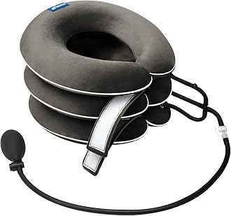 S Cervical Neck Traction Device for Neck Pain Relief - Inflatable Neck Stretcher Traction Collar for Neck Decompression - Best Home Use Neck Brace, Neck Traction Pillow Pump (Taupe Plush)