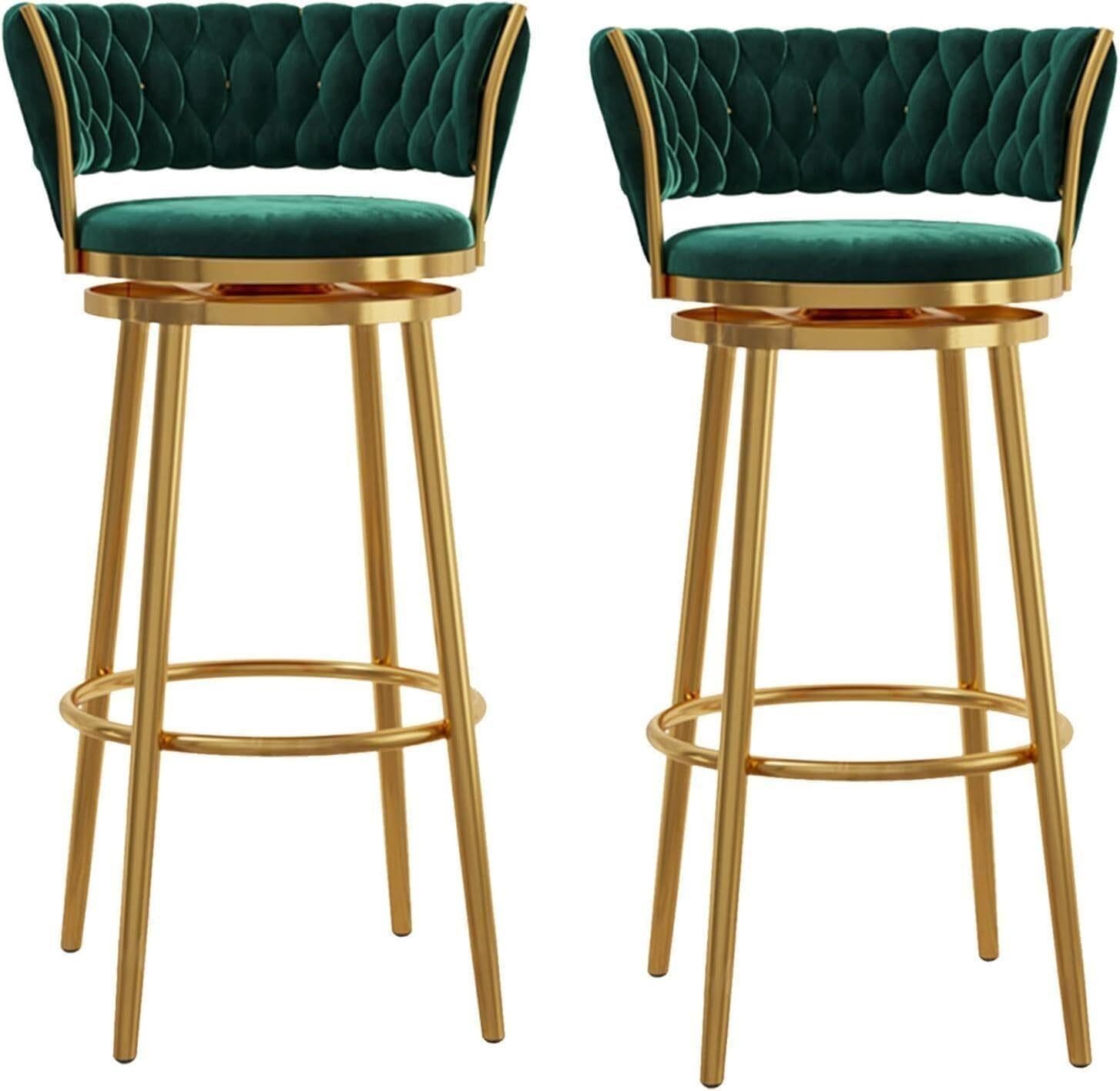 Aksamitny obrotowy stołek barowy 30-calowe krzesło na ladę z zakrzywionym tkanym oparciem i podnóżkiem Nowoczesne metalowe nogi(Green 2,Set of 2)