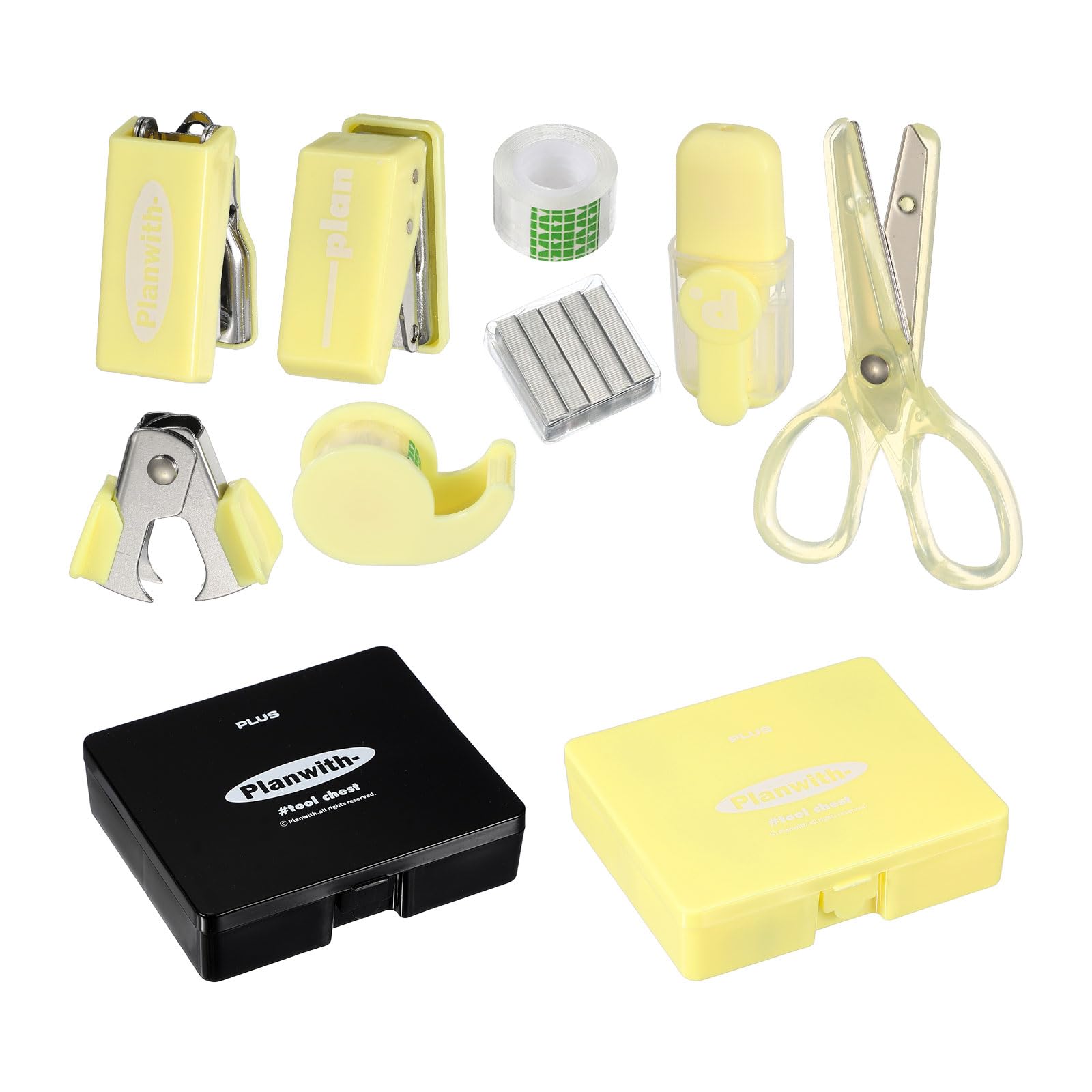 PATIKIL 2 Pack Office Supplies Set, 8pcs Desk Supplies Set Stapler Tape Dispenser Scissors Accessories Kit Mini Office Supply Kit Cute Small for Desk Women Organizer, Black Yellow