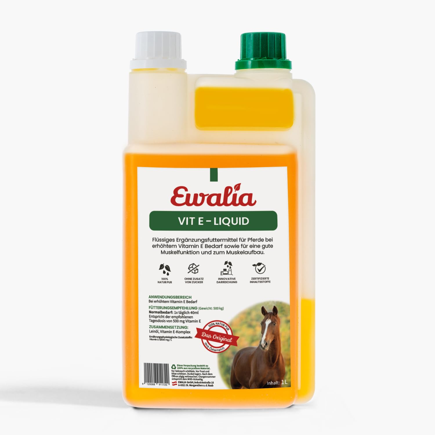 Ewalia Vitamine E, soutien puissant pour les muscles et la vitalité, vitamine E naturelle pour votre cheval, développée avec des vétérinaires, 100 % naturelle, sans additifs, 1 l