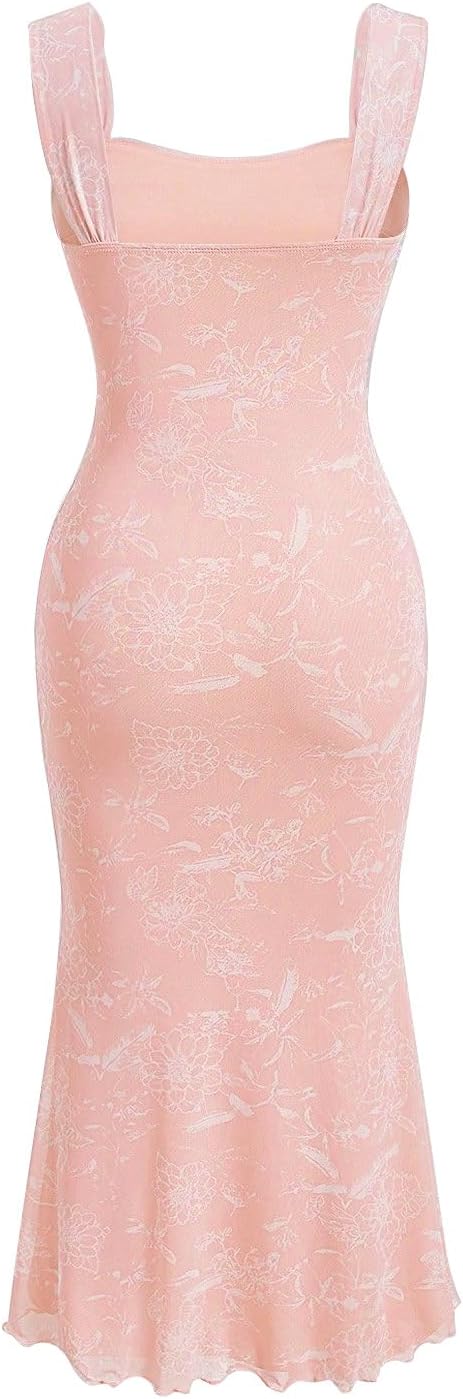 SKAYS Women's Floral Summer Pastel Wedding Guest Dress Mesh Bodycon Ruched Cocktail Midi Sundress - Image 4