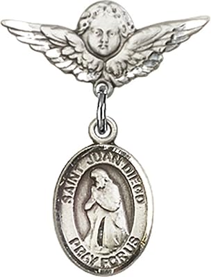 Sterling Silver Baby Badge with St. Juan Diego Charm and Angel w/Wings Badge Pin 7/8 X 3/4 inches