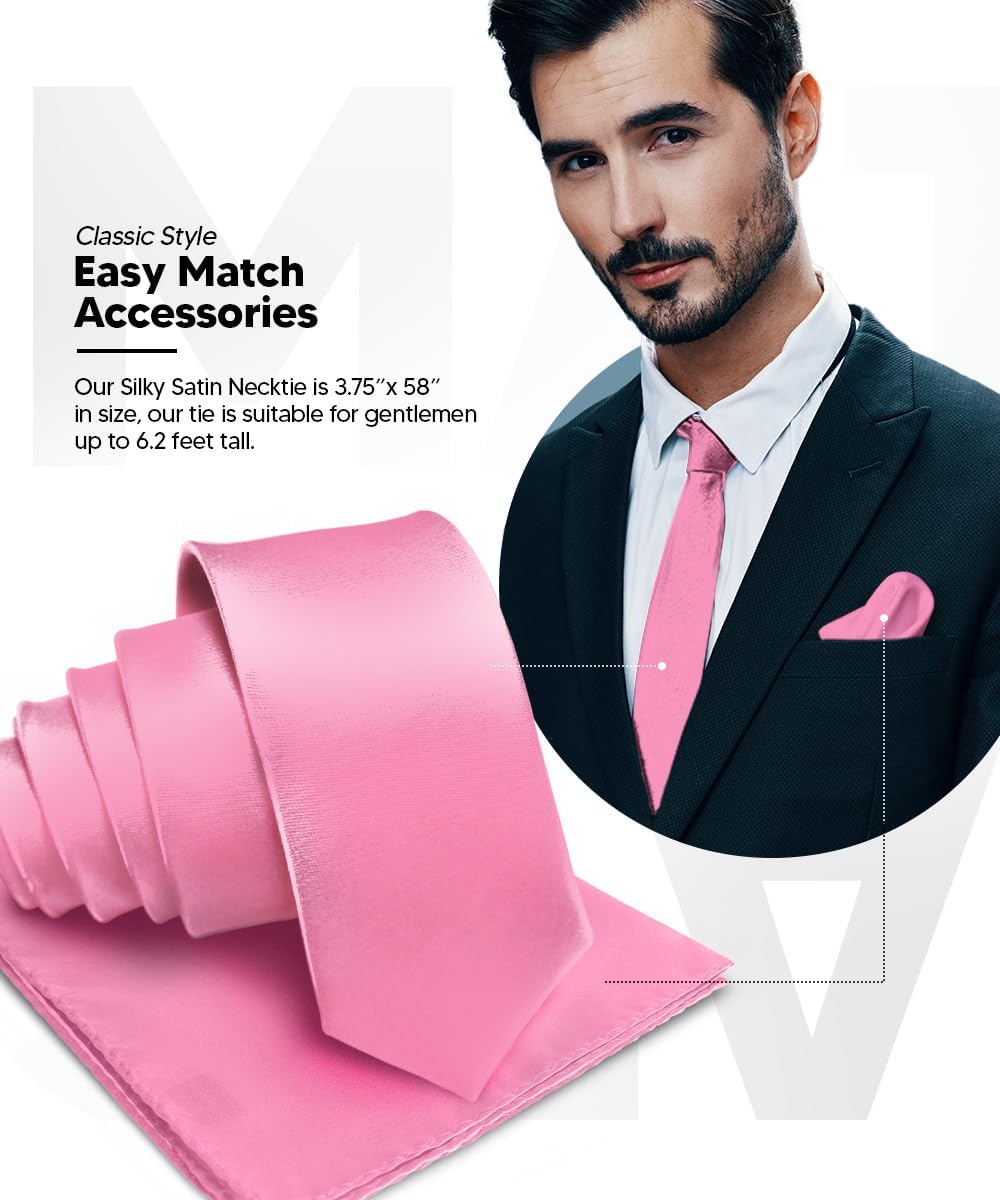 Premium Solid Satin Necktie & Pocket Square Set for Men - Matching Men's Tie Set