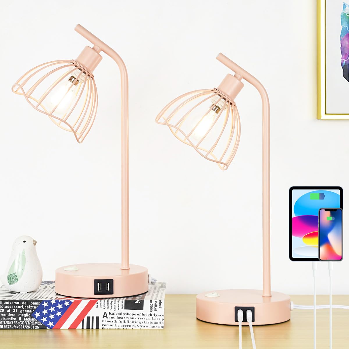 Lampwell Lucia Pink USB Table Lamp with USB Port Set of 2,Modern Bedside Night Table Lamp for Living Room Bedroom,8.27×5.51×H15.75IN,Bulb Include