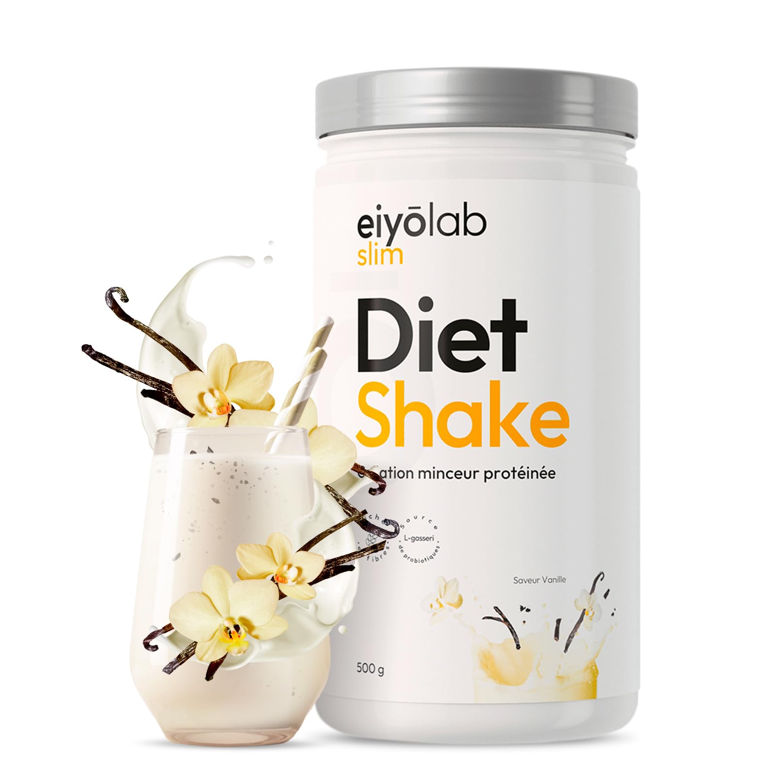 DIET SHAKE | Collation Minceur Protéinée | L-Carnitine pour l’Activation des Graisses | Probiotiques et Psyllium pour la Digestion | Vitamines et Minéraux | Pauvre en Sucres | 500g Vanille | Eiyolab