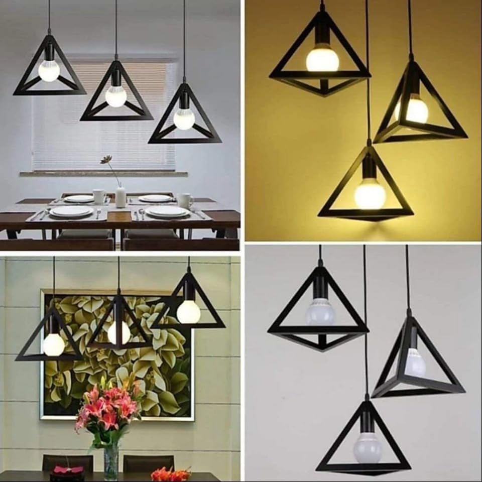 Image of JACKAL Vintage Triangle Metal Pendant Light (Pack of 2) with Bulbs | Hanging Ceiling Lights with Braided Cord for Home, Living Room, Cafe, Restaurant & Bar