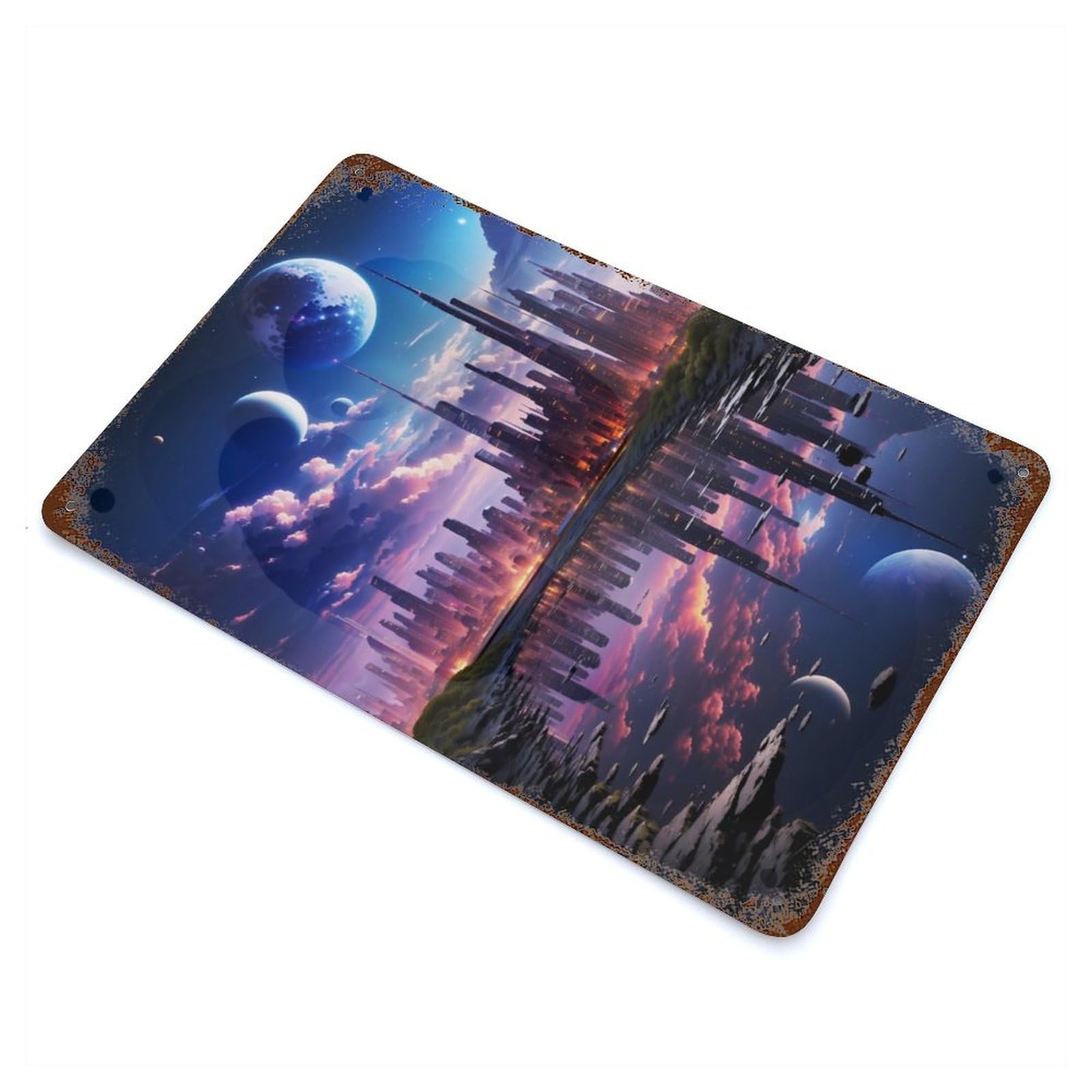 Decorative Tin Sign with Futuristic Metropolis Design 11.8"x7.9", for Garage, Bar And Workshop Decor, Farmhouse Wall Decor