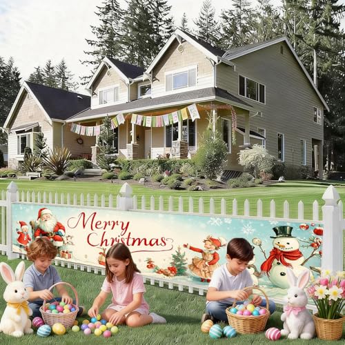Image of Vintage Snowman Christmas Banner 78.7 x 17.7 Inch Santa and Snowman with Retro Winter Scene Holiday Decoration for Yard Fence Garden or Indoor Wall Display Seasonal Celebration