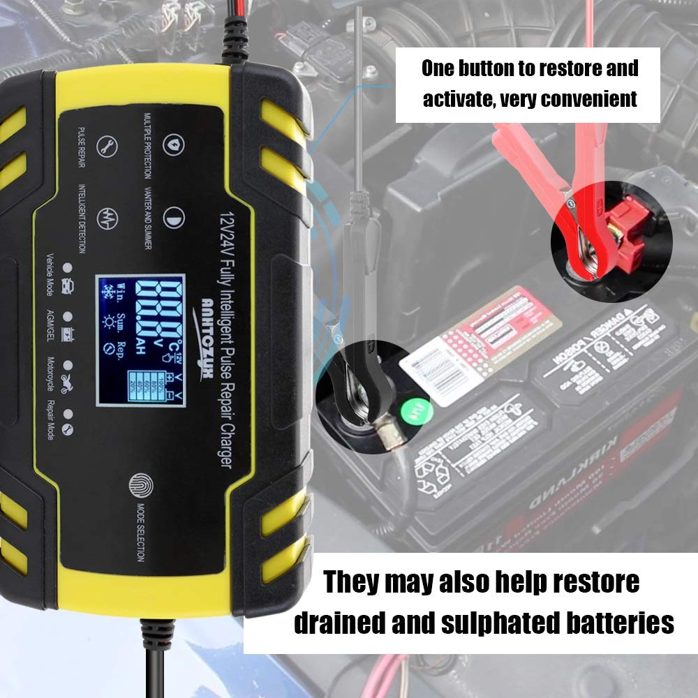 Chargeur Batterie Voitures 12V / 24V pleine automatique de voiture Chargeur de batterie d'alimentation rapide intelligente de charge de réparation d'impulsion Chargeur de batterie humide à sec charge