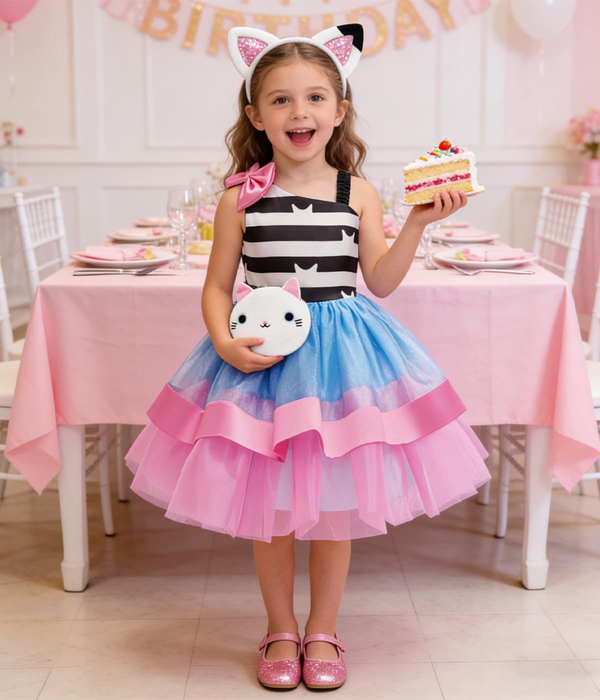 Cat Rainbow Costume for Girls Kids Princess Birthday Tutu Outfit with Headband Bag Easter Dress up