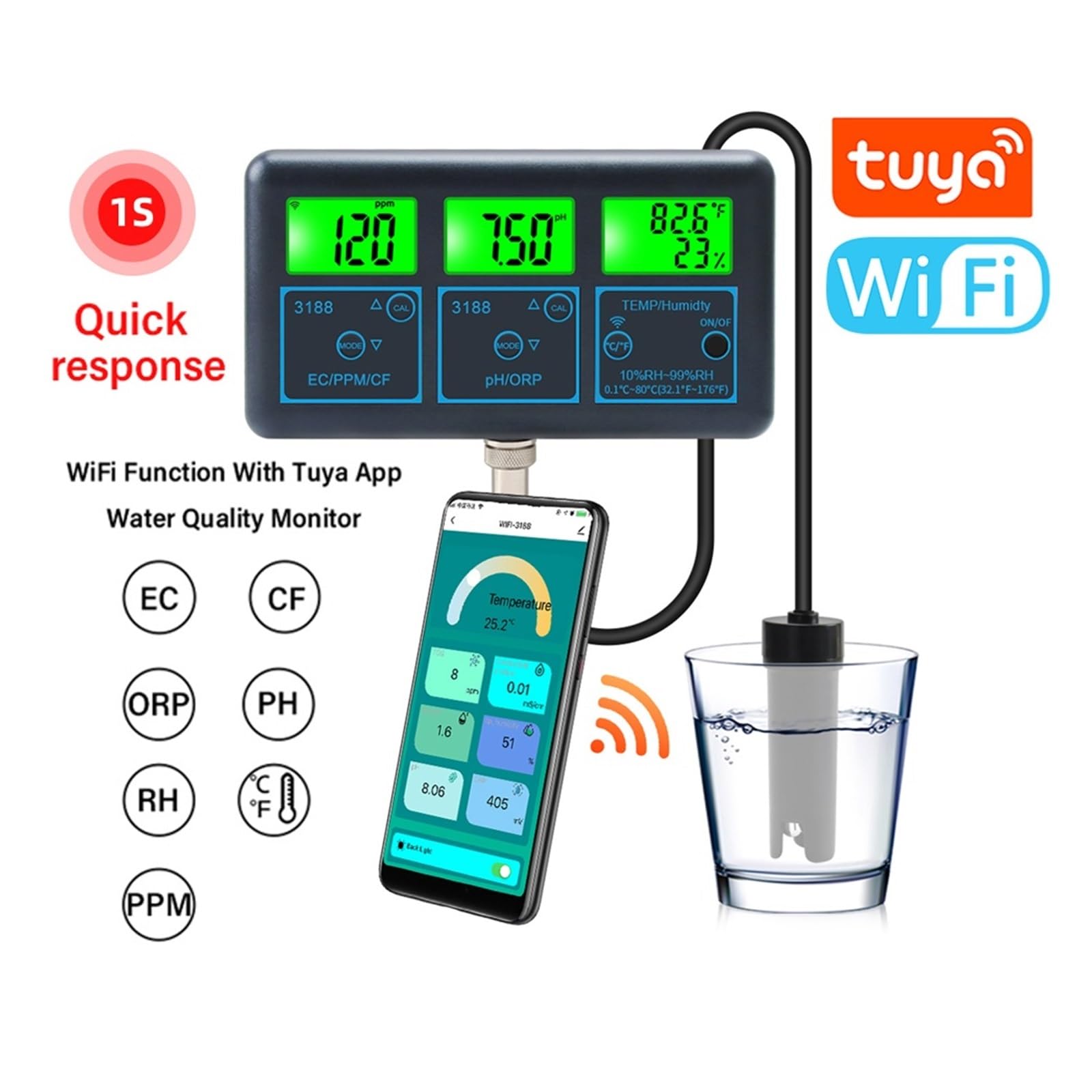 Tuya WiFi 7 En 1 Probador De Calidad Del Agua Analizador PH/ORP/EC/PPM/CF/Monitor Humedad/temperatura Detector Medidor PH DeteccióN RáPida Y Precisa