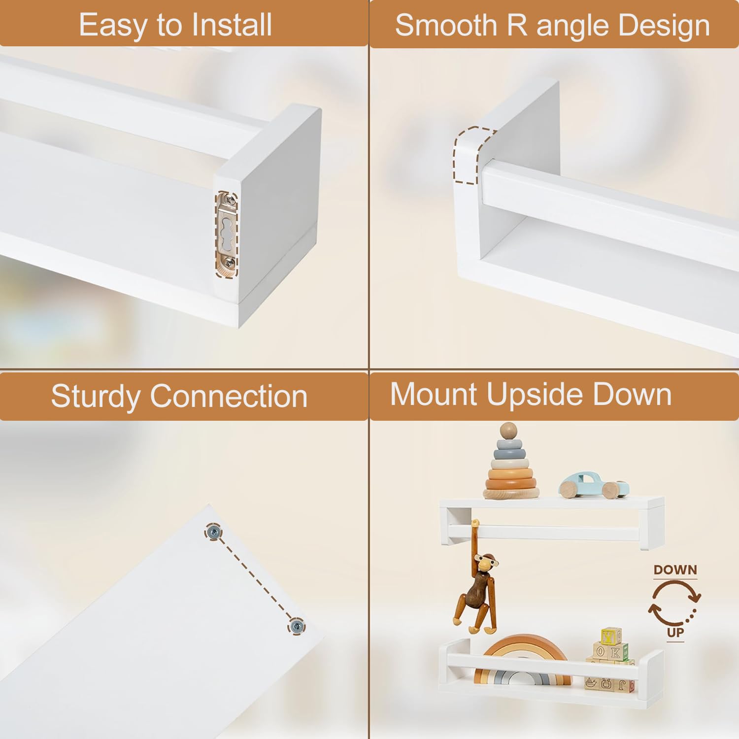 ShunpuBF Nursery Book Shelves for Wall Set of 2 40CM White Floating Book Shelf for Kids Rooms,Small Wall Mounted Pine Wood Bookshelf for Baby Teen Boys Girls Bedoom Bathroom Toy and Decor Storage - Image 4
