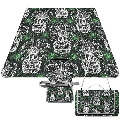 Pineapple-Exotic-Leaves Pattern Picnic Blanket Waterproof Foldable, Large Outdoor Picnic Blanket Beach Blankets Camping Blanket Travel Mat, Shoulder Strap Tote, Rectangle 58x58in