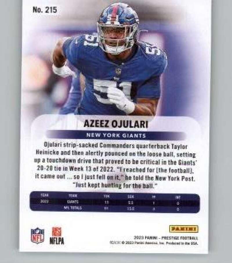 Miniatura 2 de 2023 Panini Prestige Xtra Points Sunburst #215 Azeez Ojulari New York Giants NFL Football Trading Card