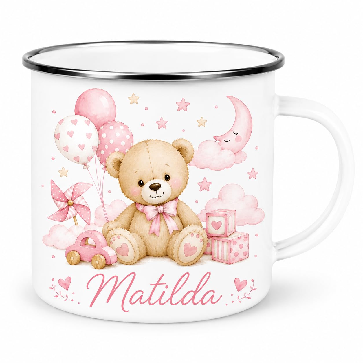 Personalised Children’s Enamel Mug – Toddler’s First Mug – Custom Kids Camping Mug – Cute Animal, Rainbow, Fairy & Princess Designs – Personalised Gift for Boys & Girls (Pink Bear Enamel Mug)