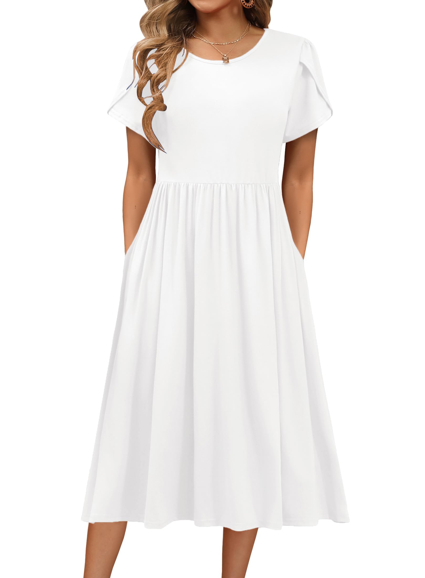 Hotouch Sommerkleid Damen Kleider Kurzarm Kleid Rundhals Freizeit Kleid Einfarbig Strandkleid A-Linie Midi Kleider mit Tasche S-XXL