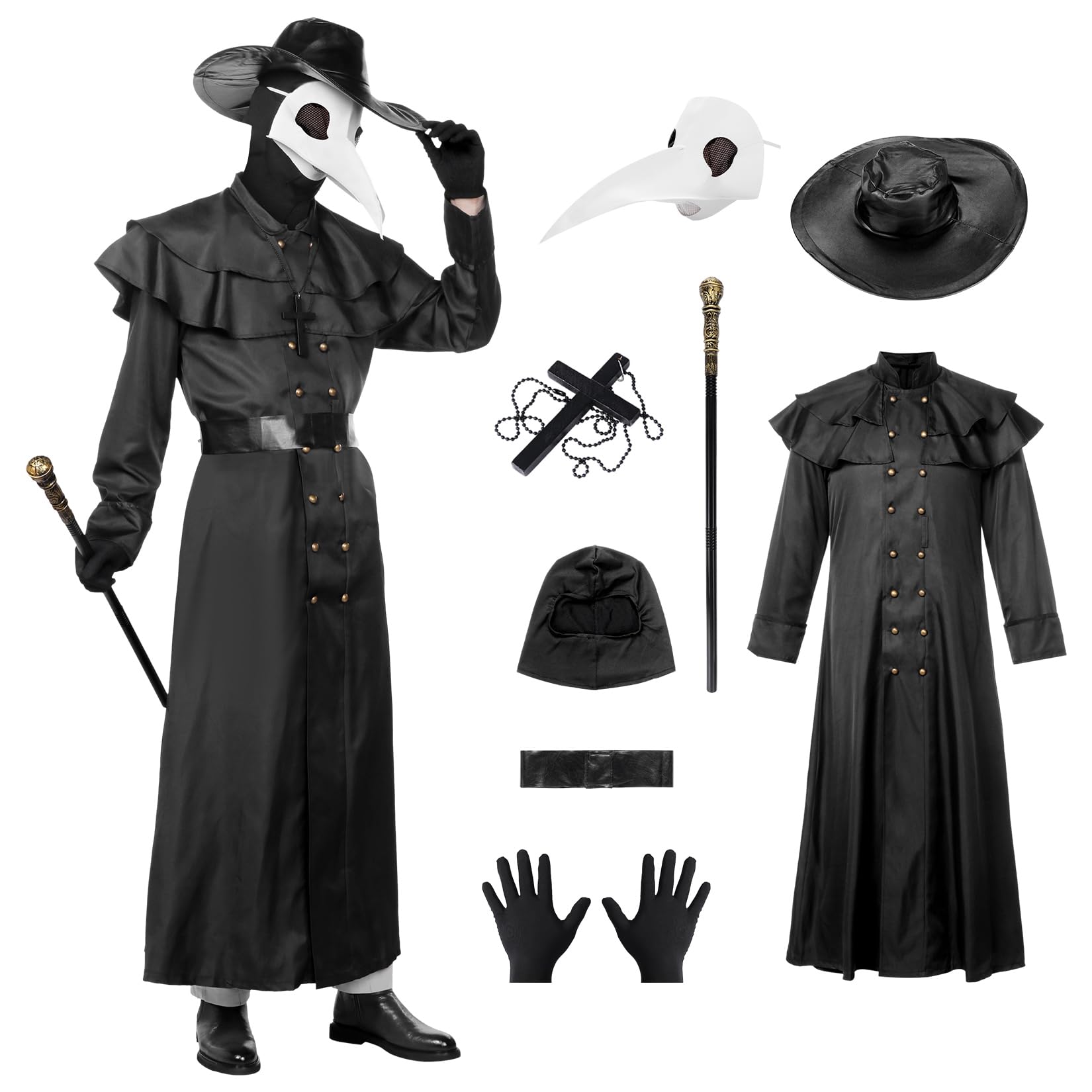 Angenster Plague Doctor Costume - Halloween Outfit With Mask, Scepter, Gloves, Necklace, Belt, Pouch - Steampunk Fancy Dress for Adults (Male, L)