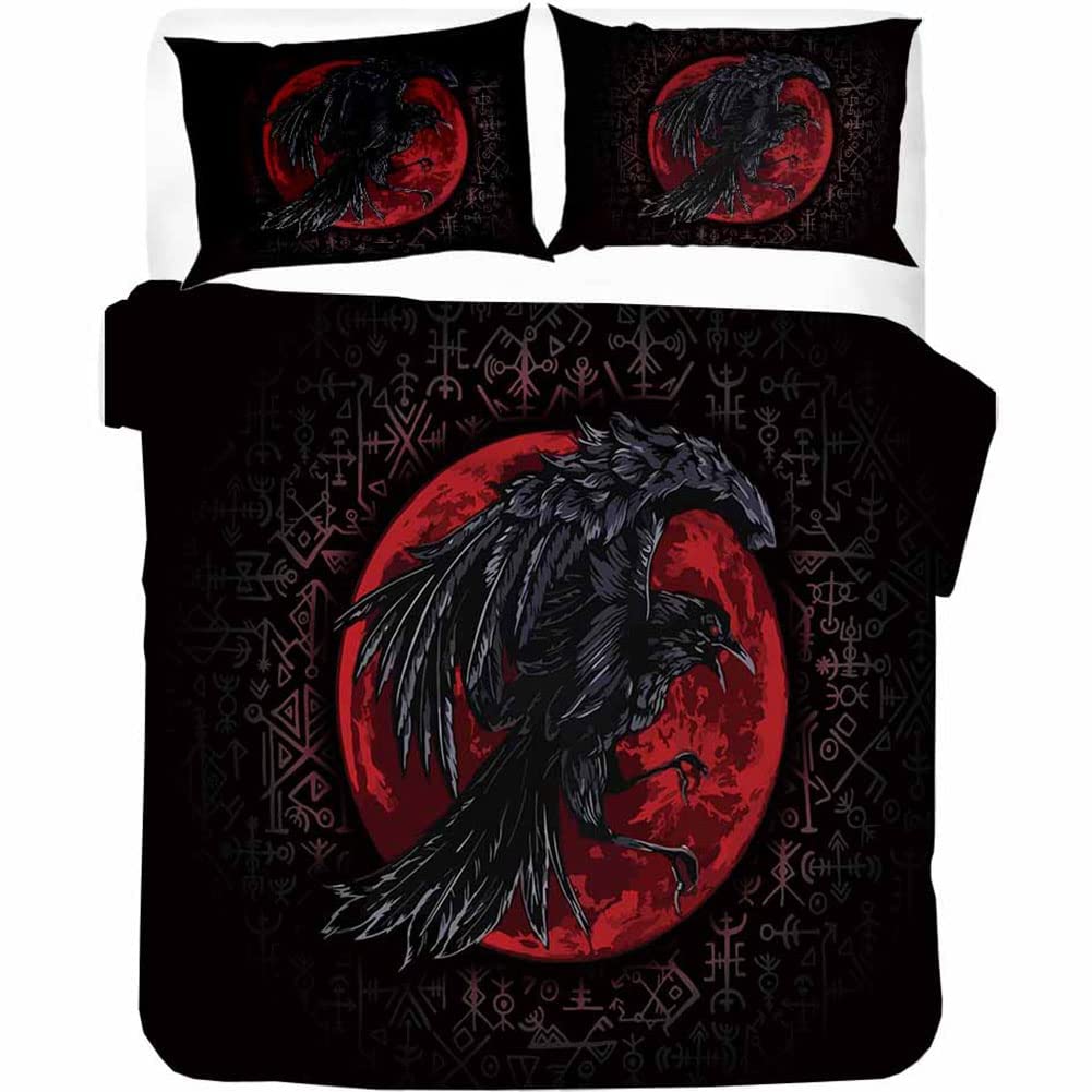 Bedding Double Bed Set Viking Odin Raven Duvet Cover Set King Size - 220x240cm Super Soft Microfiber 3D Printed Viking Mythology Runes Duvet Cover Boys Girls Bedding with 2 Pillow Cases