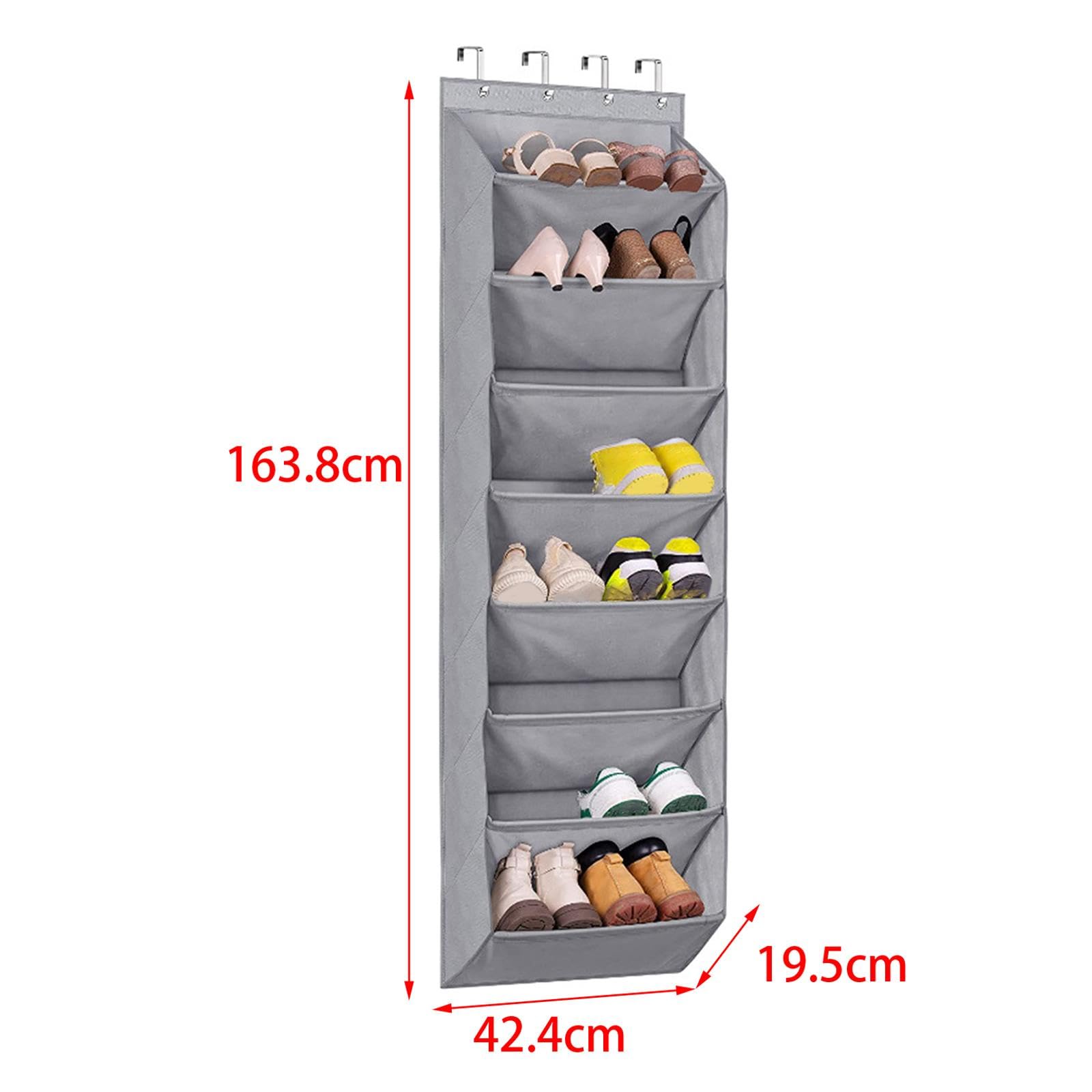 Hängendes Schuhregal, Kleiderbügel, Schuhhalter für schmale Türen, Tiefe Taschen, Tür-Schuhregal für Zimmer Closet Pantry, Hellgrau 8 Schichten