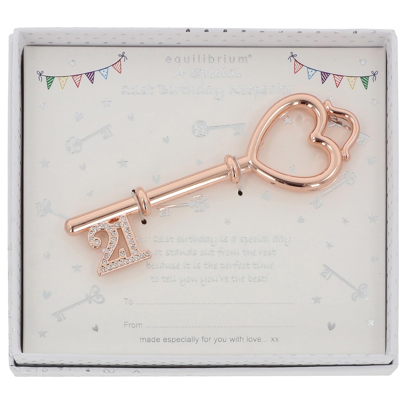 Equilibrium Diamante Heart Large 21St Key Rose Gold Crystal Heart Birthday Key, 21X15cm Decorative Display With Diamante Details And Bunting Design, Gift For 18Th And 21St Celebrations (Diamante Heart Large 21St Key)