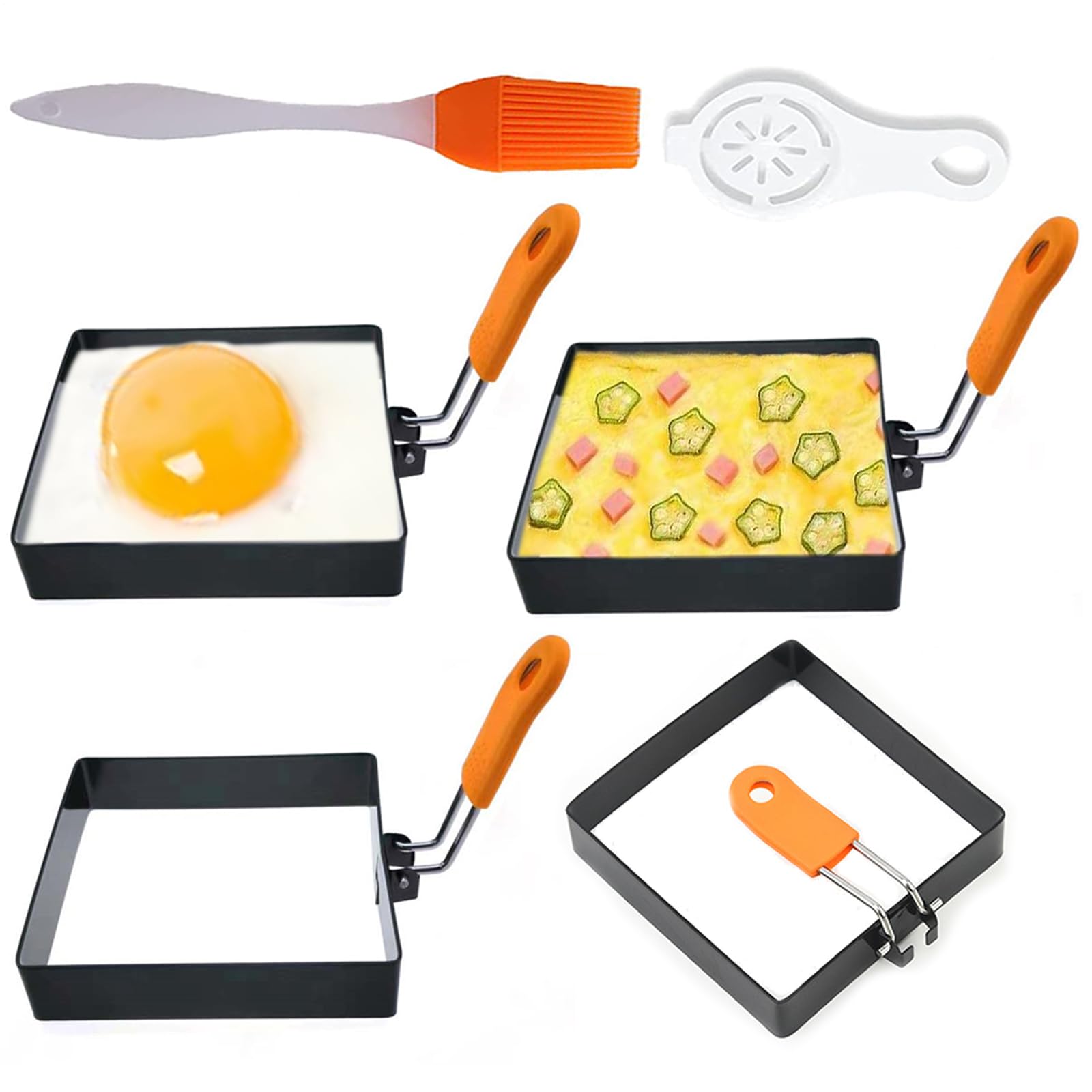 4 anillos cuadrados grandes para huevos cuadrados de 4 pulgadas para freír huevos a la plancha, molde cuadrado de acero inoxidable antiadherente de 4 pulgadas, molde cuadrado para tortitas con mango