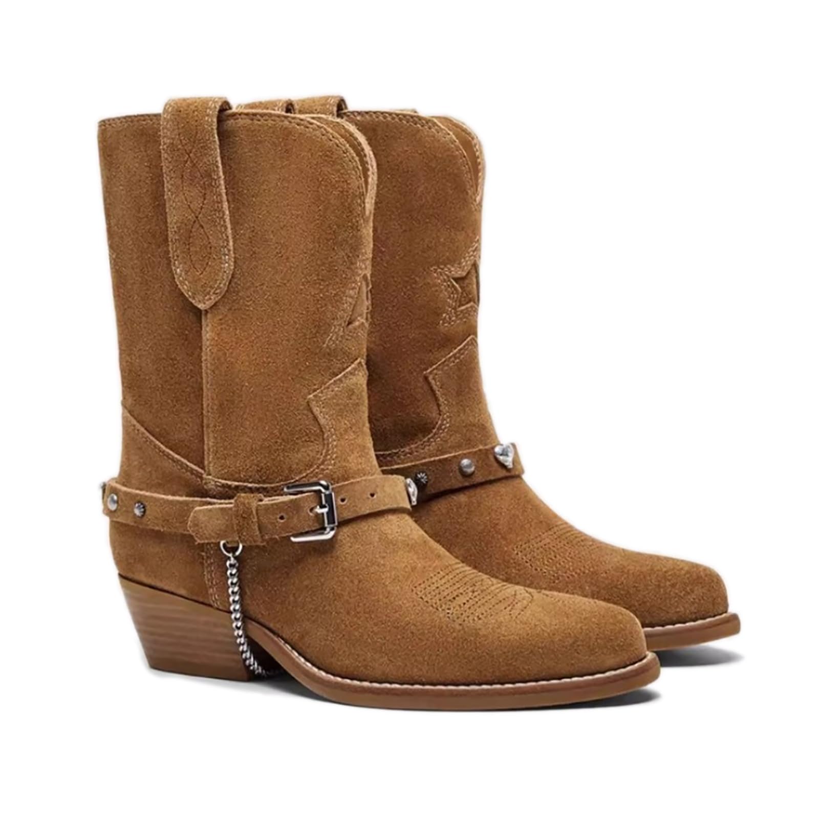 Womens Suede Low Chunky Stacked Heel Western Cowboy Boots With Belt Buckle Fashion Rivet-Decorate Pointed Toe Comfortable Pull-On