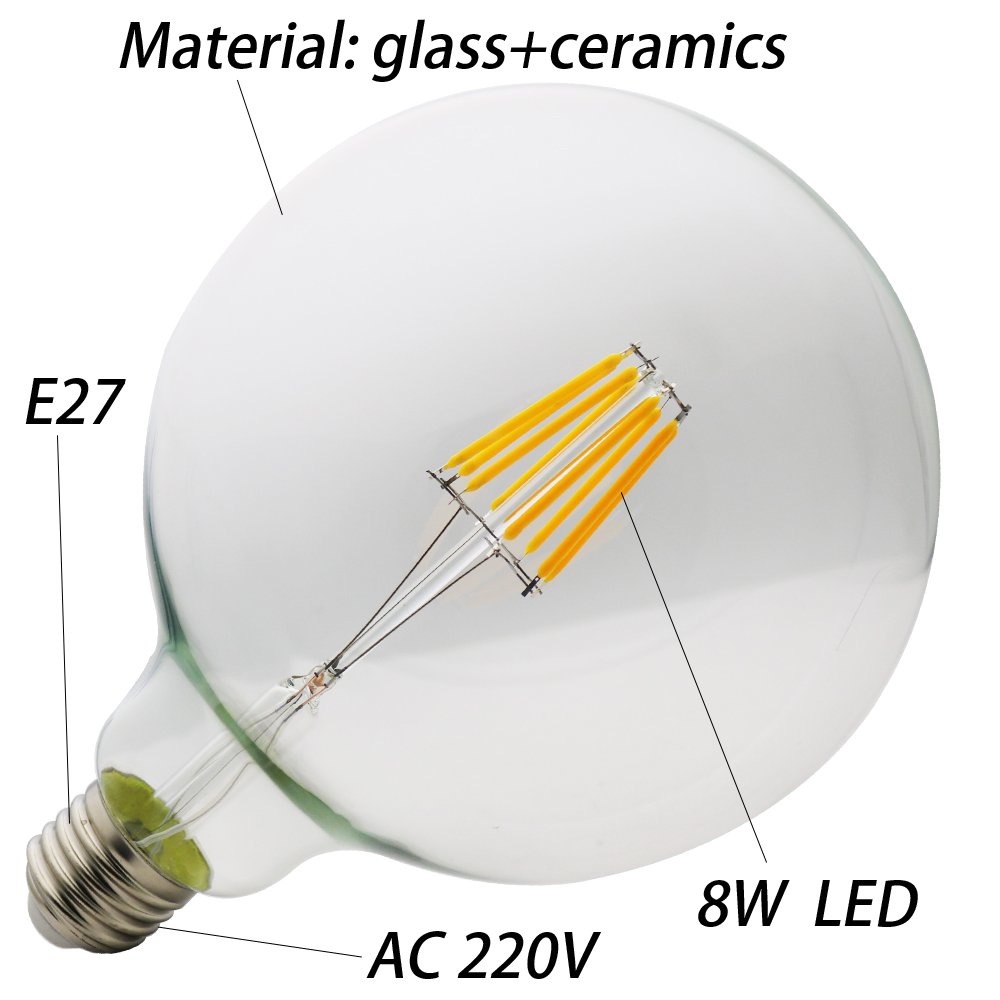 G125 E27, nouvelle LED Edison Ampoules, ampoules à économie d'énergie, écologique 8 W AC 220V 2200K,Non dimmable，verre transparent,Lot de 6 pièce
