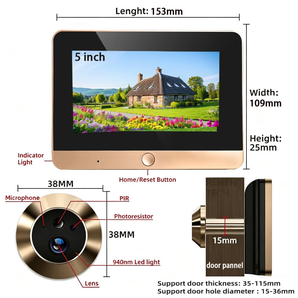 6DG3 - Spioncino per porta, Wi-Fi, 2K, con scheda di memoria da 32 GB, 10.000 mAh, schermo a colori da 5,0 pollici, rilevamento di movimento PIR, audio monouso, grandangolo di 140°, senza