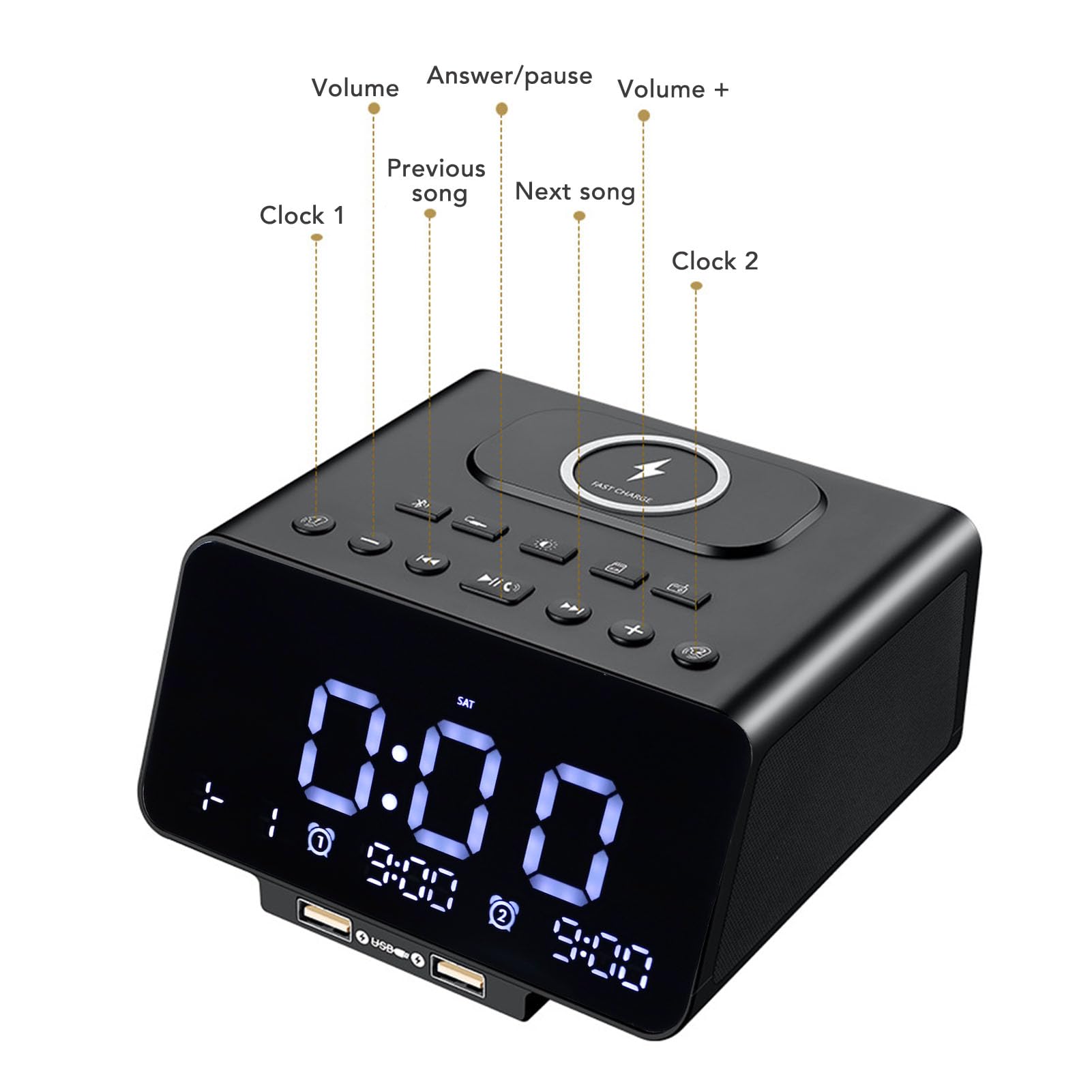 Annadue Radio Bluetooth Despertador Altavoz con Doble Carga USB Base de Carga Inalámbrica Radio FM CD Calidad de Sonido Bajos Estéreo para Oficina en Casa (Enchufe de la UE)
