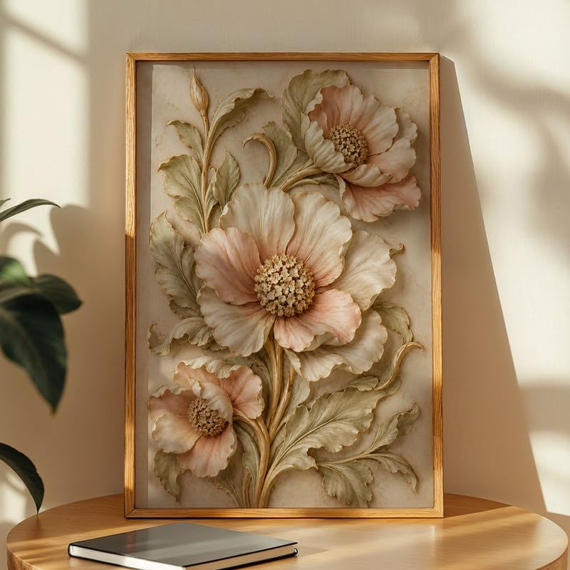 Image of NoWorries Floral Botanical Wall Painting with Frame | Premium Textured Flower & Leaf Artwork, Pastel Nature Wall Decor Framed for Living Room Bedroom Office and Home Decoration (Art-7,13x19inch)