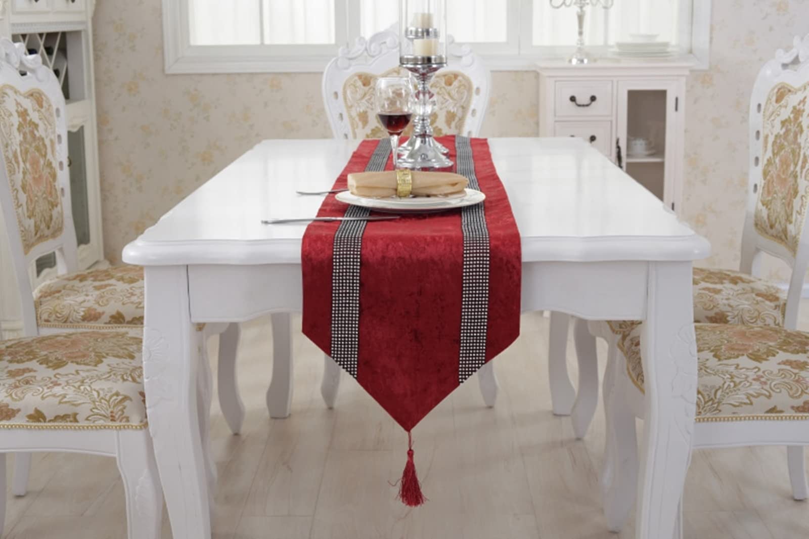 Mini bieżnik na stół, czerwony makramowy bieżnik na stół z cyrkoniami paski flanelowy bieżnik na stół 33 x 280 cm dekoracja kuchni dekoracje stołu dekoracje świąteczne