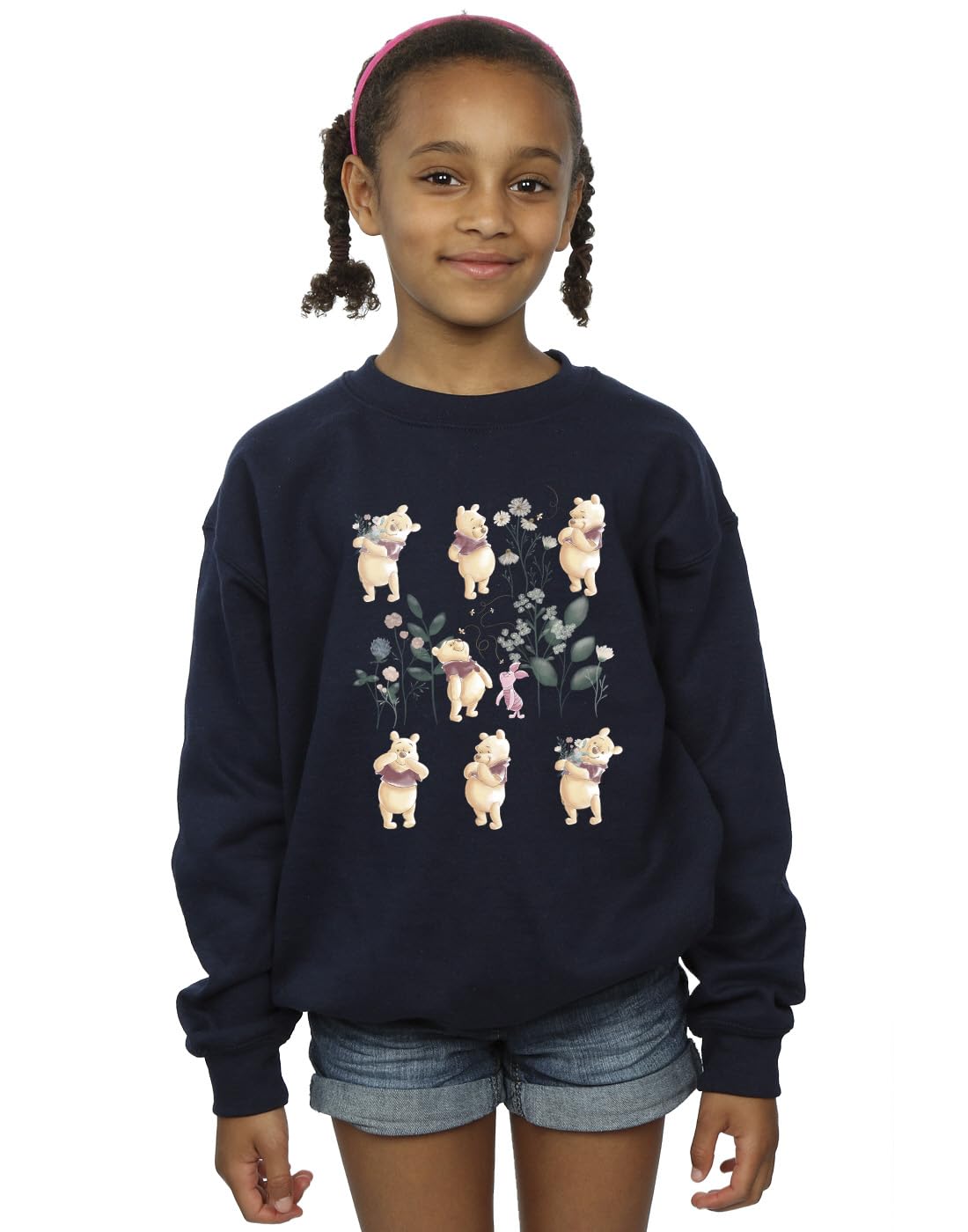 Disney Girls Winnie The Pooh Flower Heart Sweatshirt Navy Blue 7-8 Years