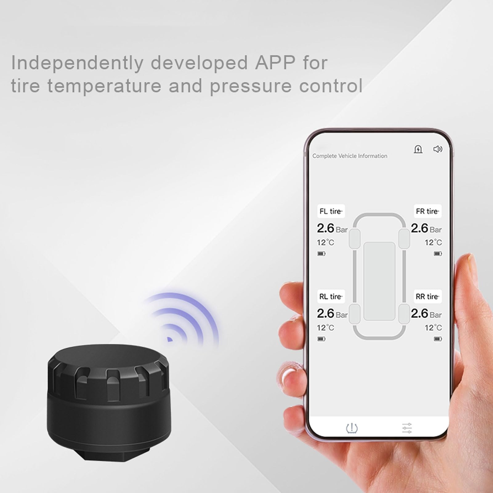 System Monitorowania Ciśnienia w Oponach Samochodu, Bezprzewodowy Czujnik Ciśnienia w Oponach Bluetooth z aplikacją mobilną do Samochodów Osobowych, Kamperów, SUV-ów, Ciężarówek, (4PCS)