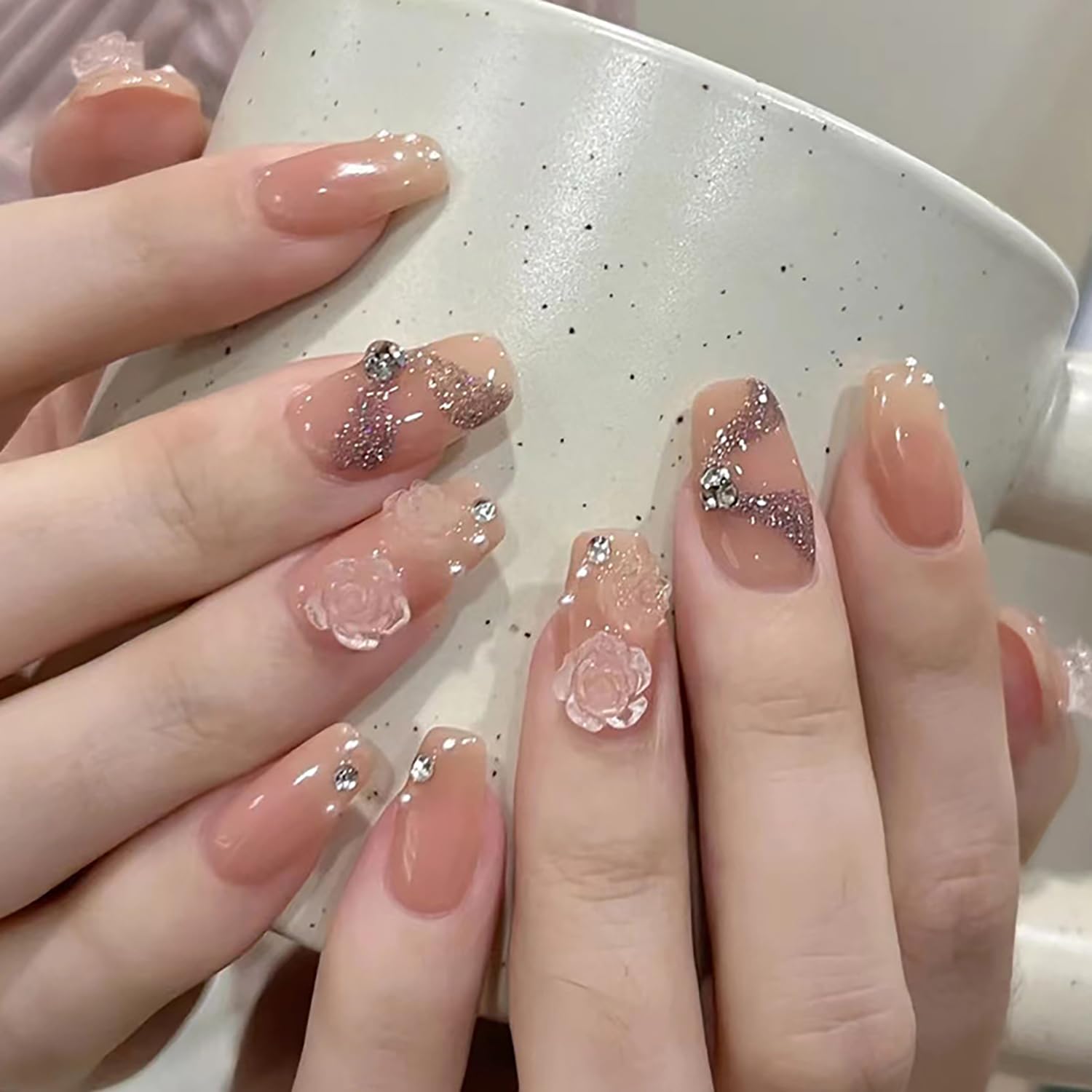 Press on Nails Medium Ballet Shaped with Camellia Pearl Design Nude French False Nails Artificial Acrylic Coffin Nails Full Cover Reusable Fake Nails