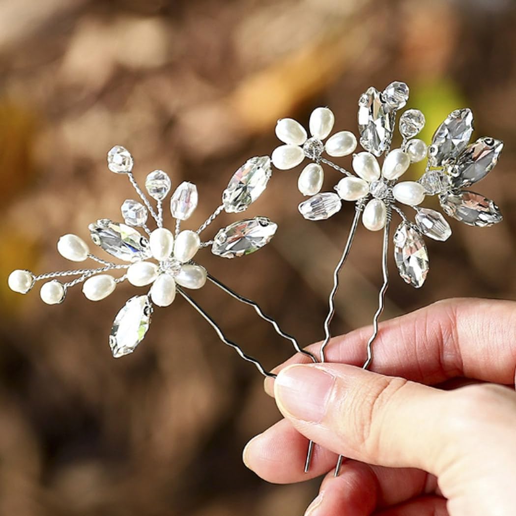 Handcess Horquillas para el pelo de novia con diamantes de imitación de plata, con perlas de cristal, accesorios para el pelo para mujeres y niñas (2 unidades)