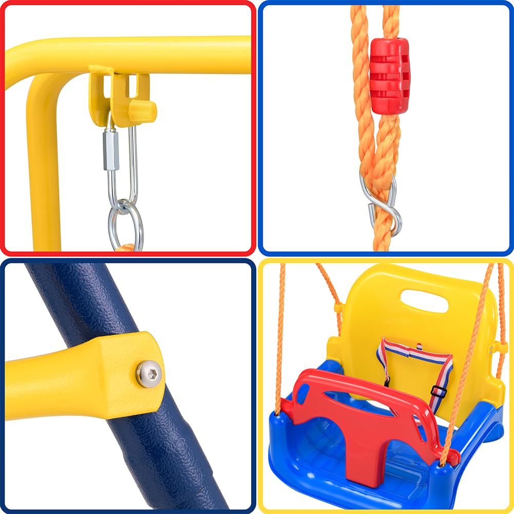 BAKAJI Altalena 3 in 1 per Bambini da Giardino, Resistente con Struttura in Acciaio e 4 Sacchi di Sabbia per Fissaggio Al Terreno, Sediolino con Cinture di Sicurezza e Schienale, Indoor/Outdoor