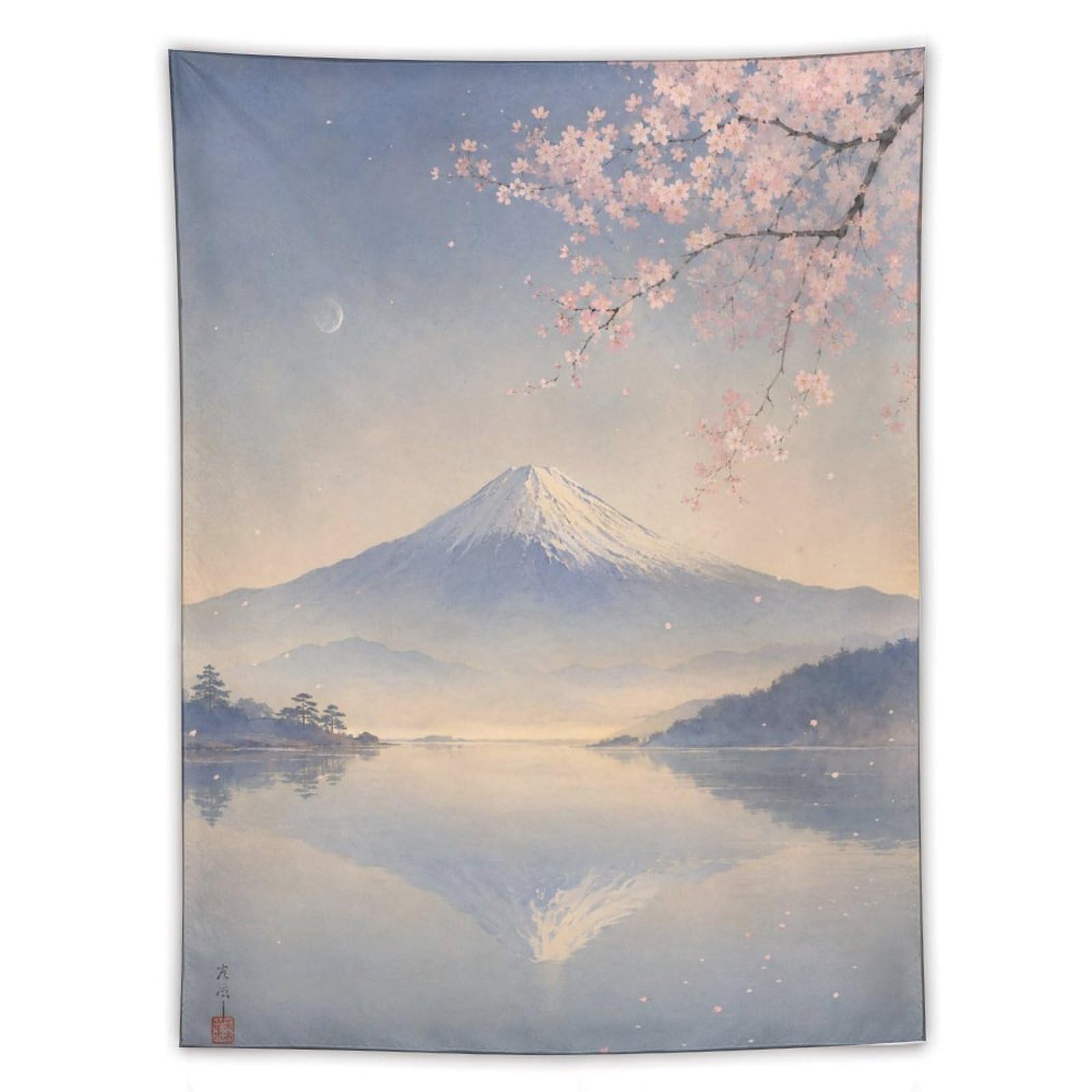 W7C8U2X3 Mount Fuji Lake Reflection Wall Tapestry, Ukiyo-e, Cherry Blossom