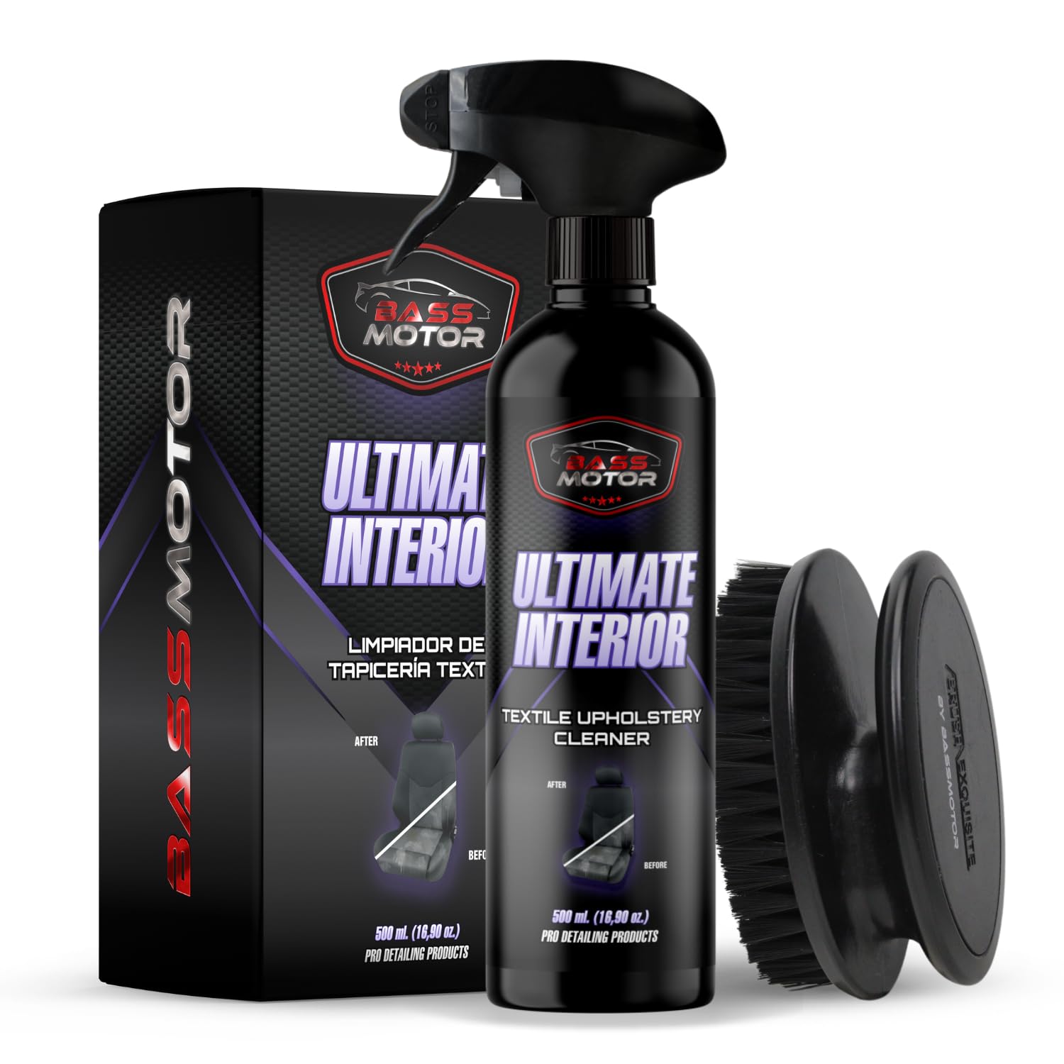 BassMotor Cleans Textile Upholstery for Car Seats and Floor Mats, Interior Fabrics Cleaner with Included Brush Easy to Use Fresh Scent - Ultimate Interior 500ml + Brush